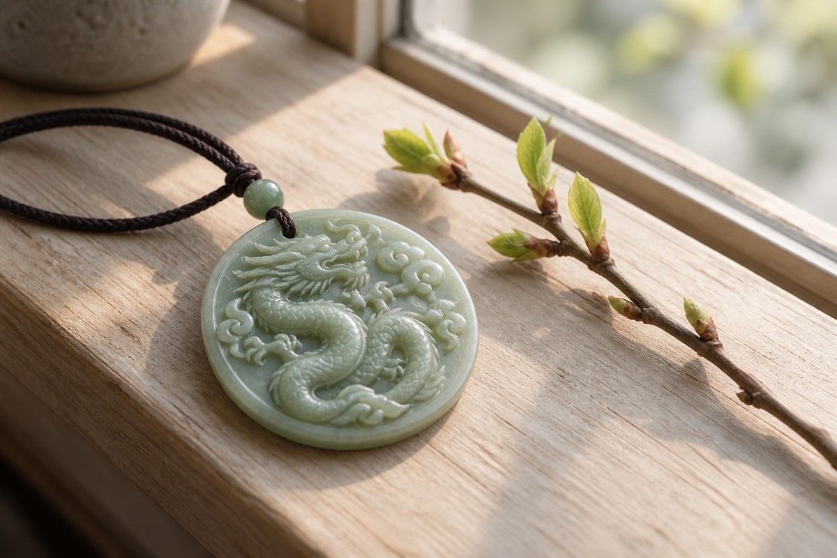 Pale green dragon pendant with a dark cord beside a budding branch on a wooden windowsill.