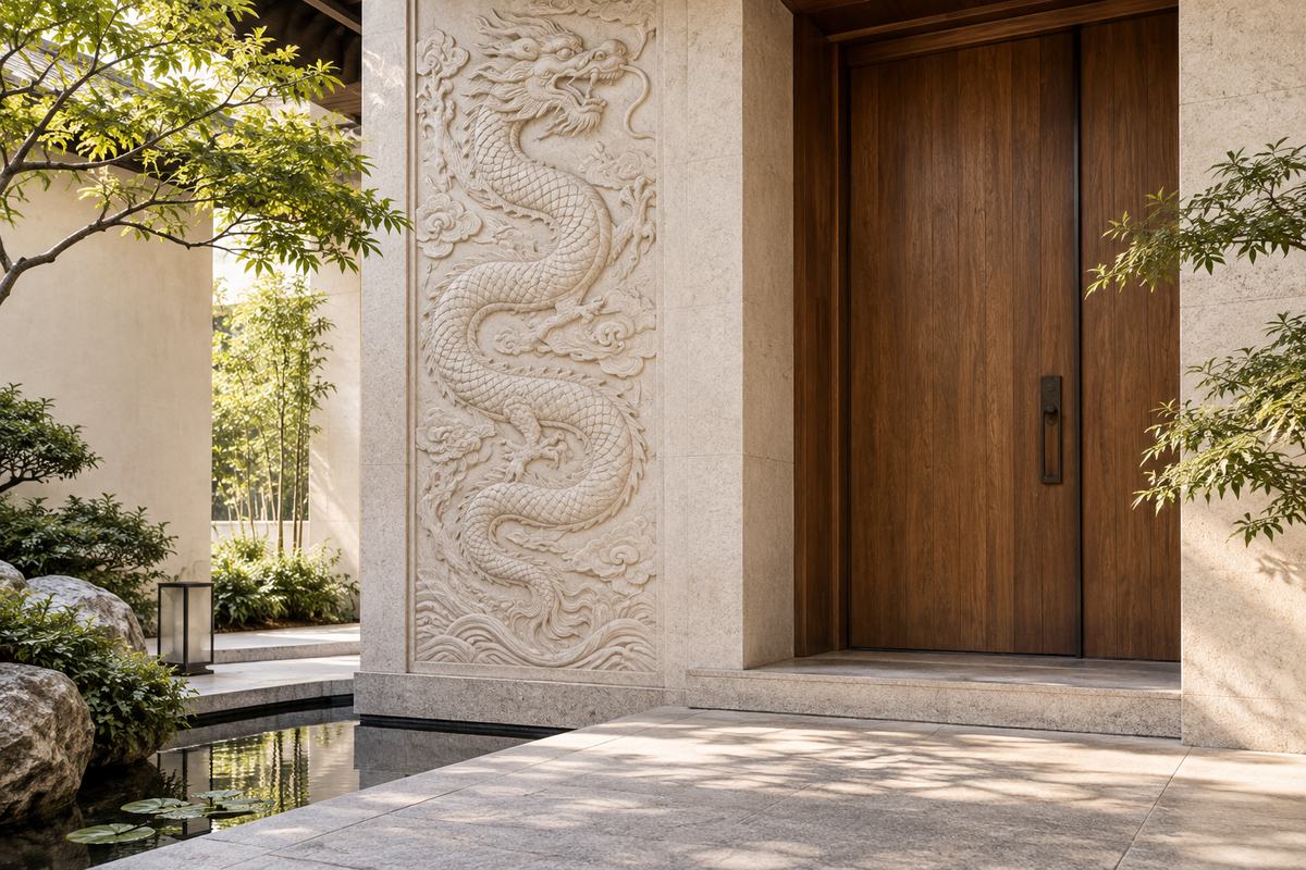 Pale stone dragon relief beside a timber courtyard door.