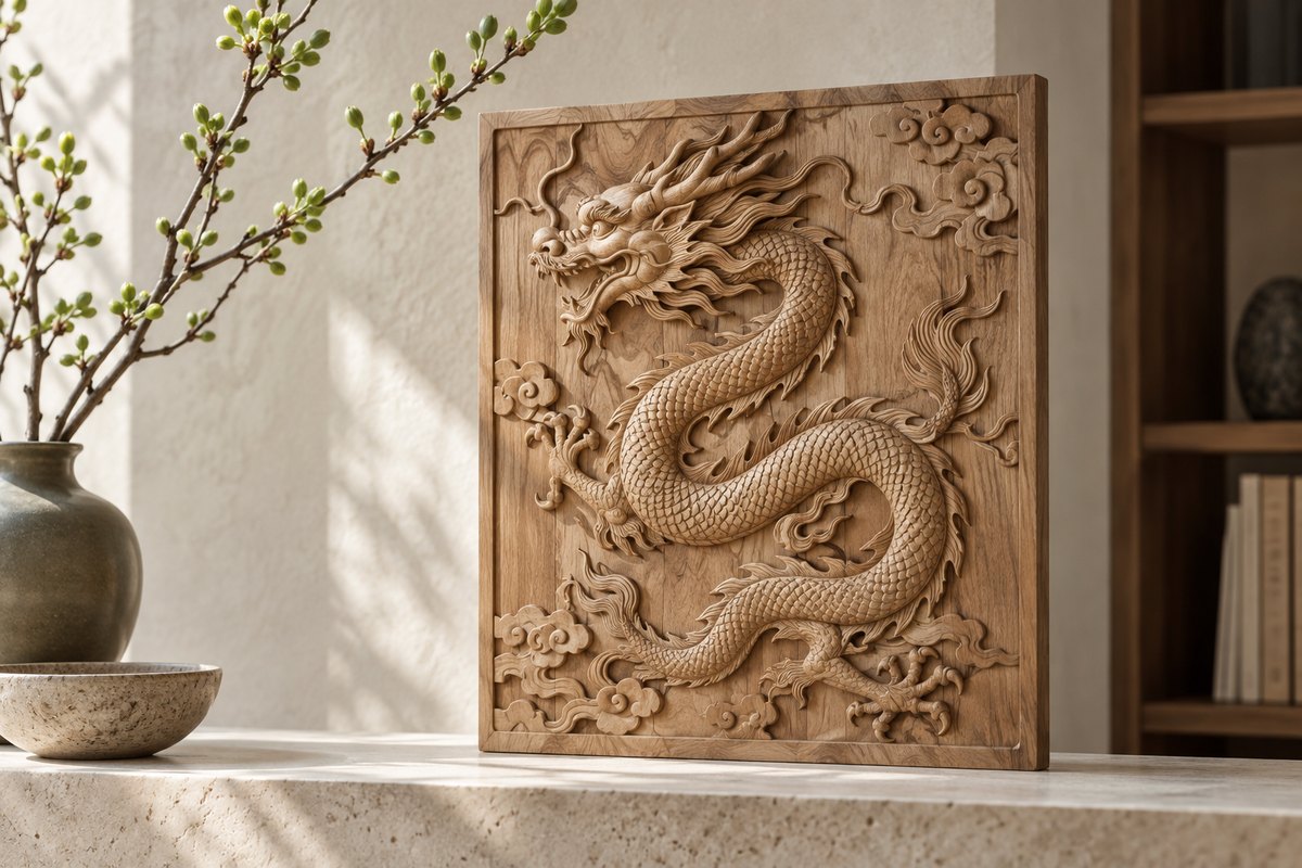 Wooden dragon relief panel standing beside a budding branch on a stone shelf.