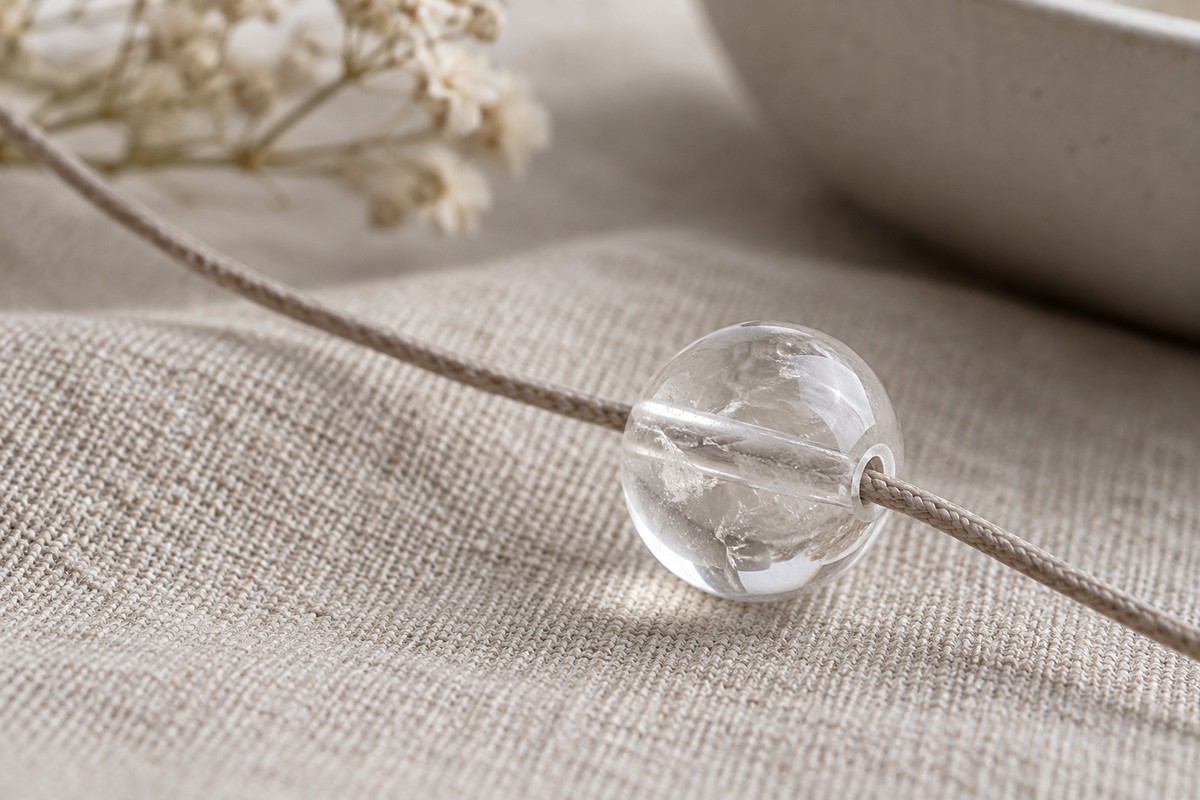 A polished clear bead threaded on a pale cord, with its drilled edge in focus.