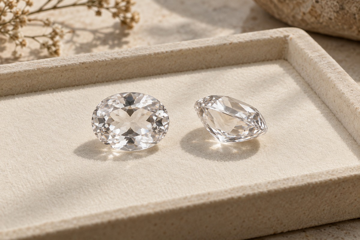 Two clear faceted quartz stones with similar clarity