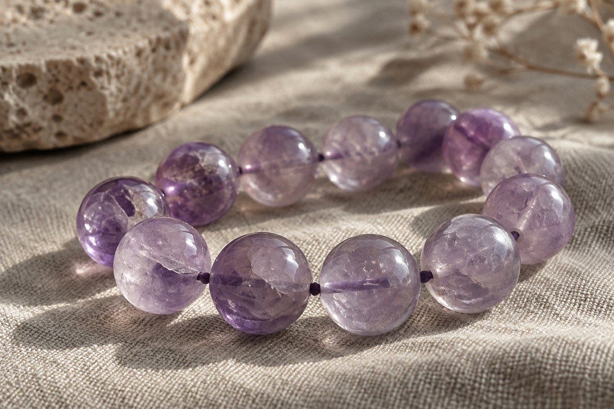 Pale purple quartz beads viewed close to a soft daylight source