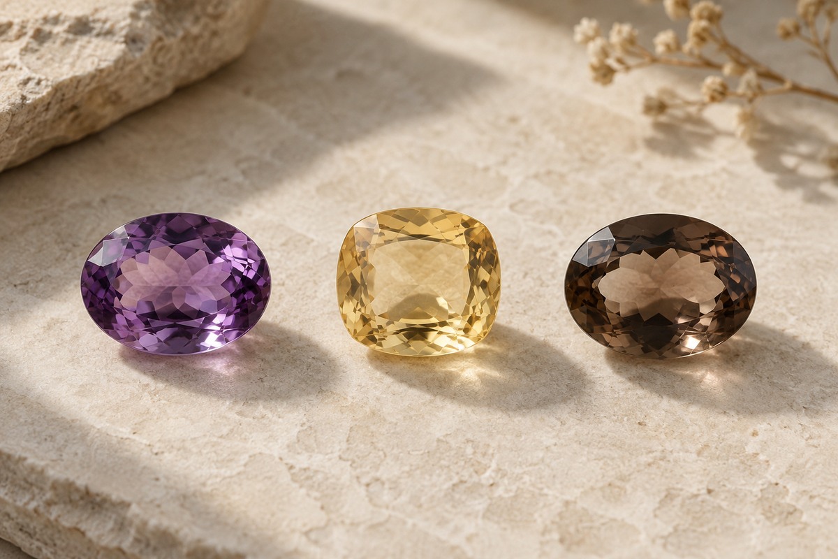 Purple, pale yellow, and smoky brown quartz gems