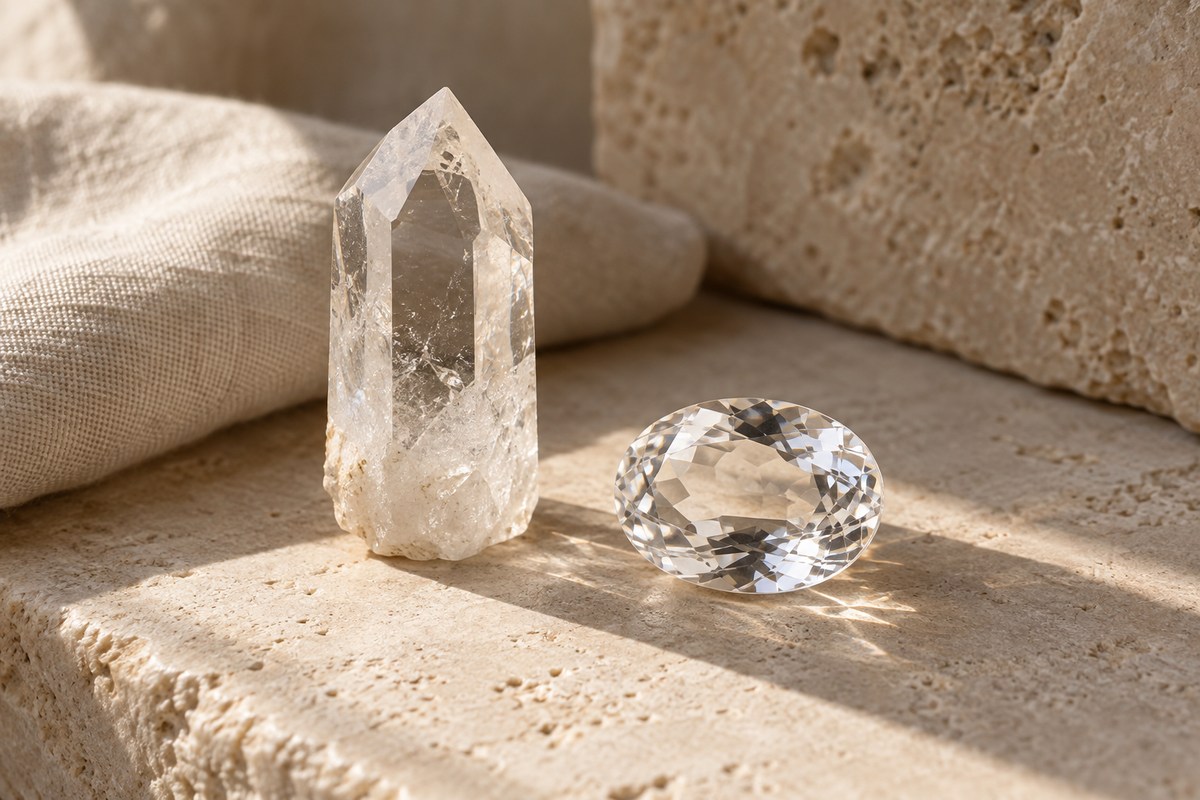 A clear quartz point and a colorless faceted stone on warm linen