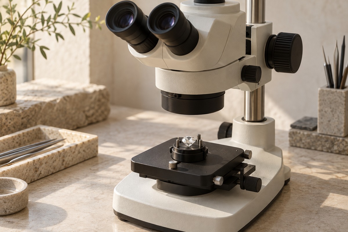 A faceted quartz stone on a gemological microscope stage