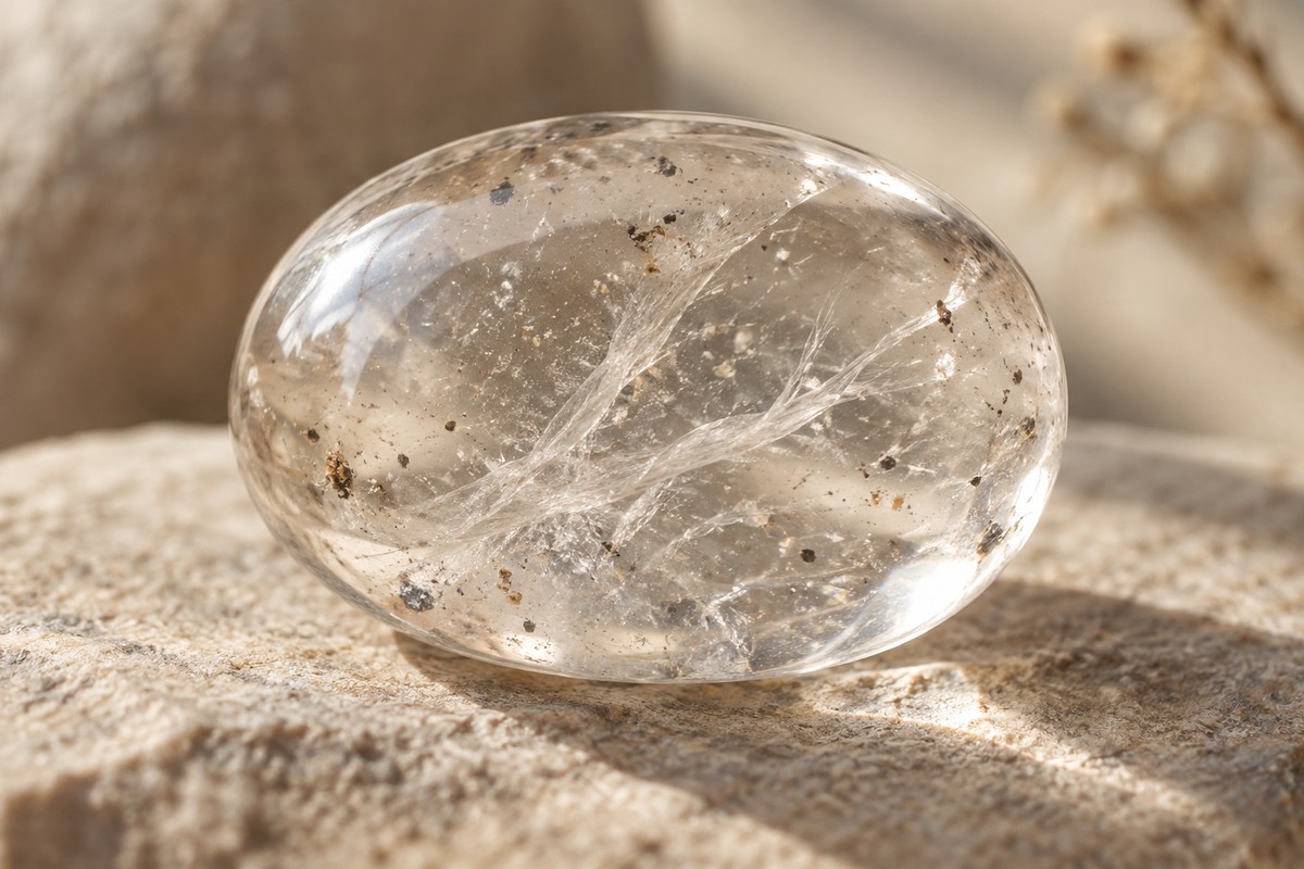 Magnified illustrative view of fine internal features in clear quartz