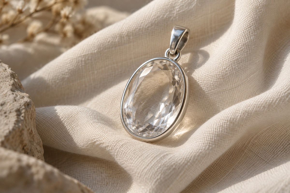 Faceted quartz pendant resting on soft fabric
