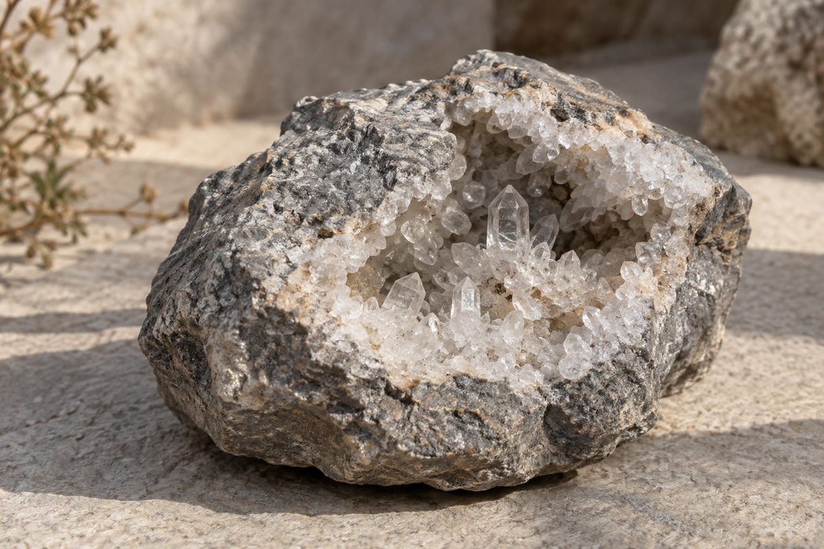 Small clear quartz crystals lining a cavity in gray host rock