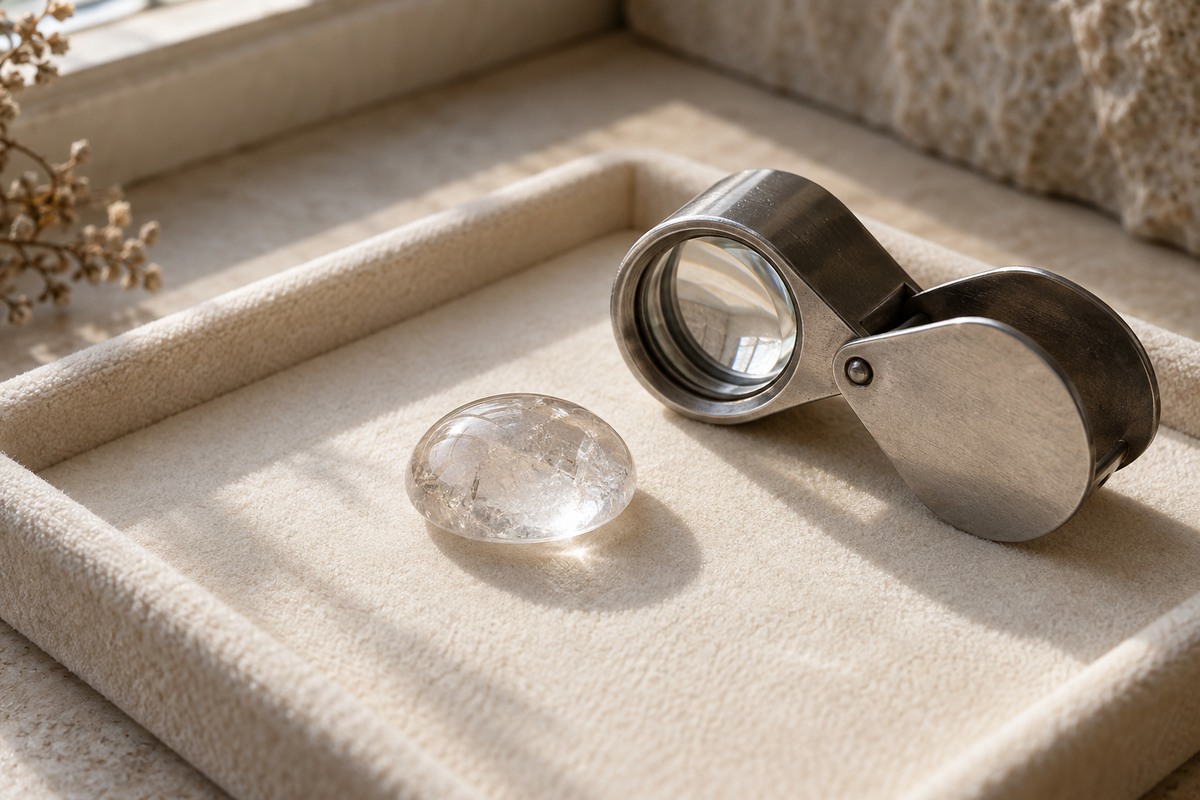 Quartz cabochon beside a folding loupe on a clean tray