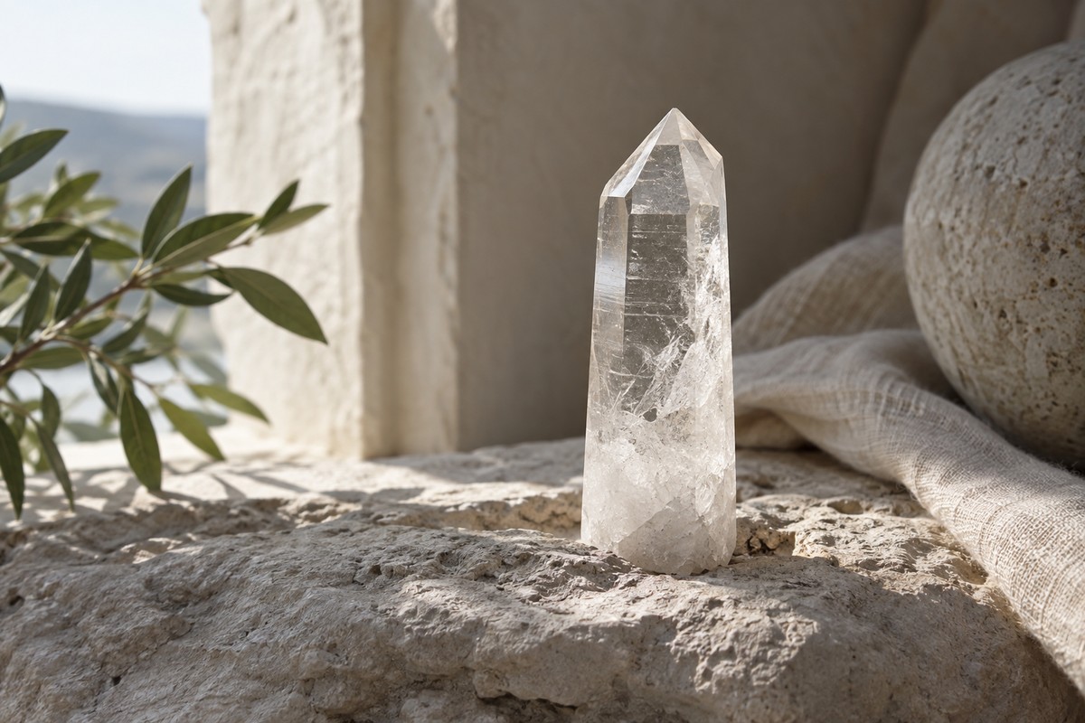 A colorless quartz point with a rough base on a pale stone ledge.