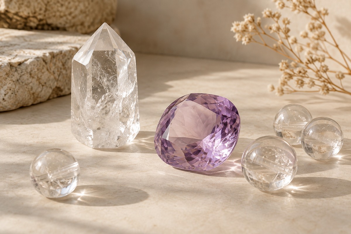 Quartz point, faceted stone, and polished beads together