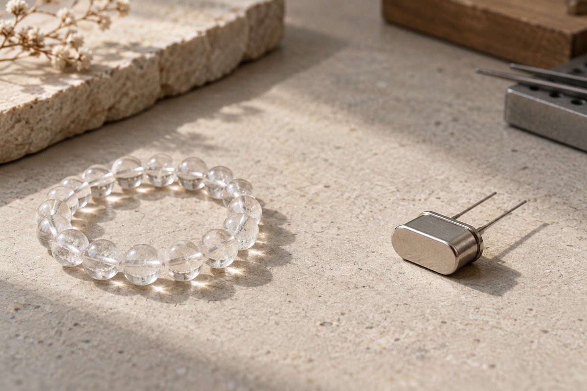 Quartz beads beside a small metal resonator component