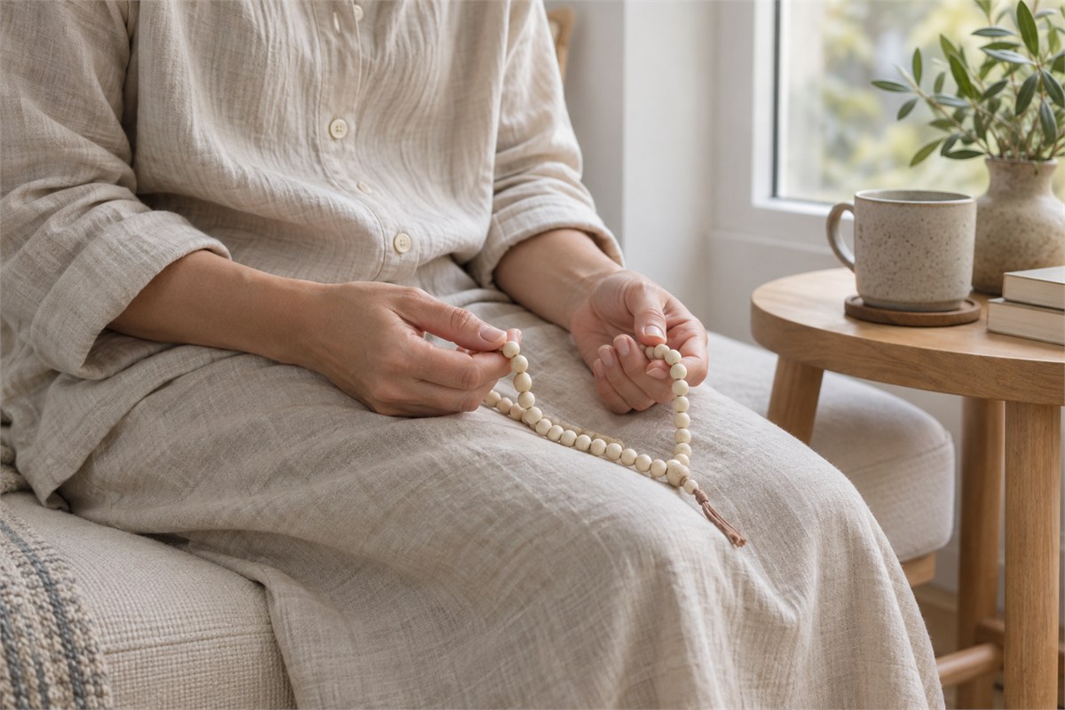 A person seated quietly near a window with a bead strand resting on their lap.