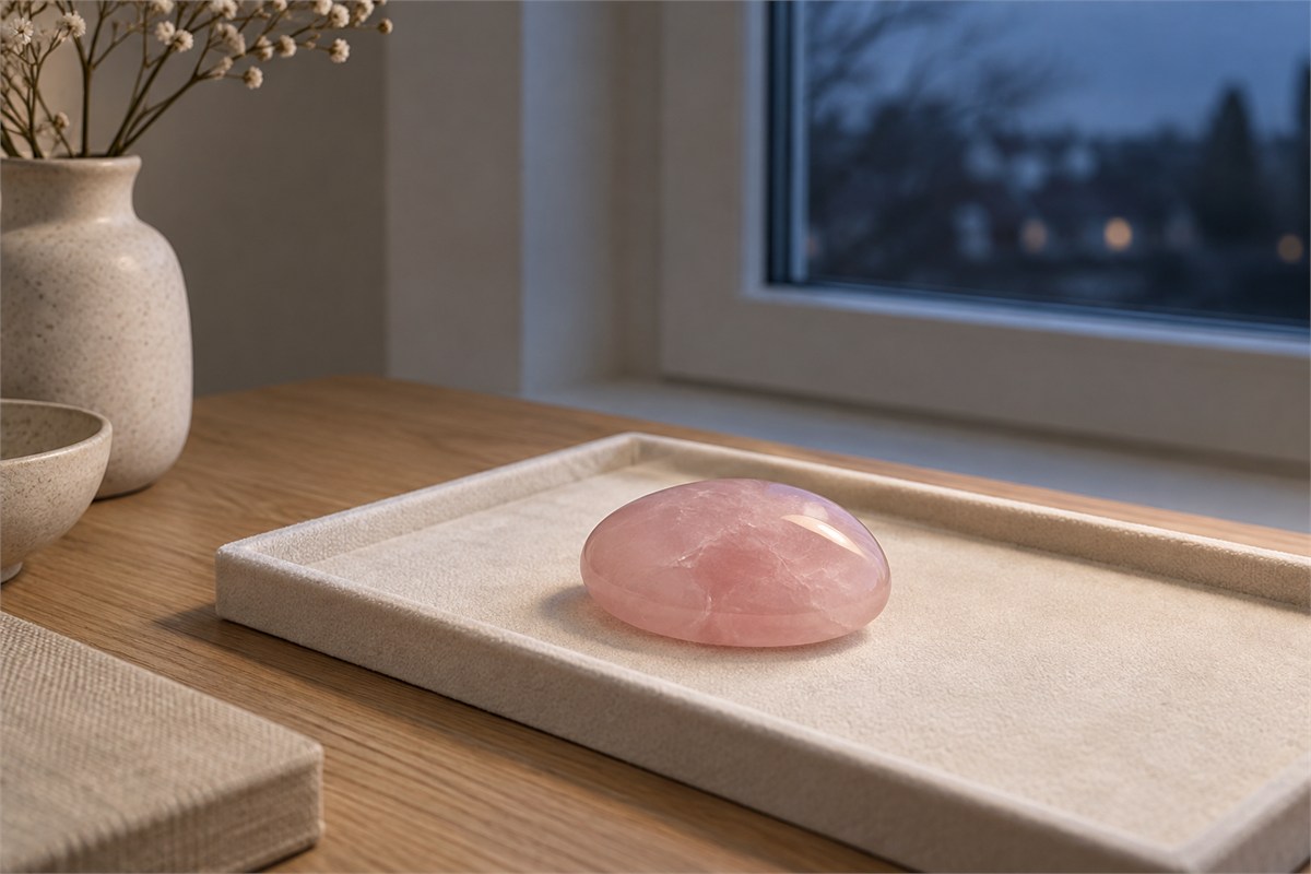 A rose quartz stone on a dry soft-lined tray beside a closed window.