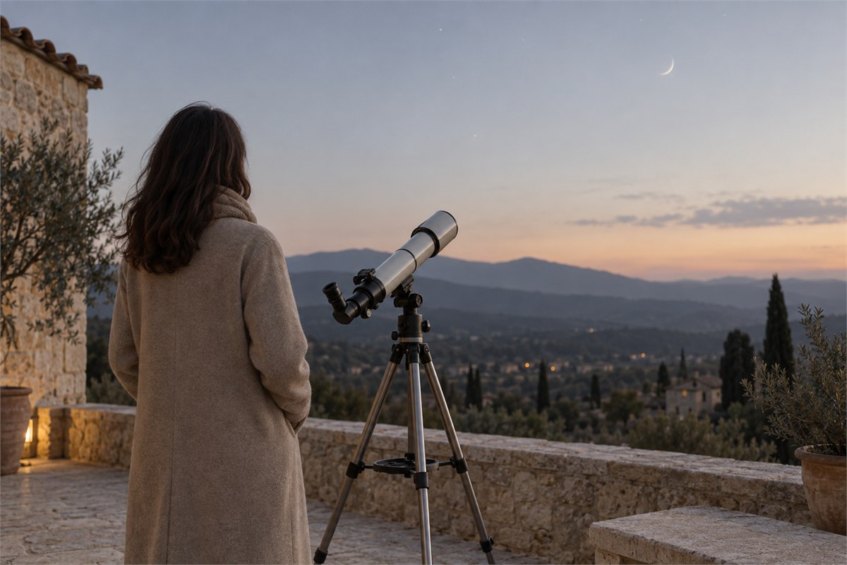 An adult standing beside a telescope on a terrace beneath a pale evening sky.