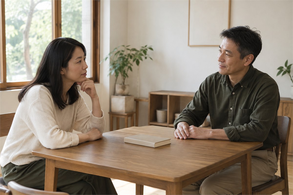 Two adults discussing a closed book in a quiet room.