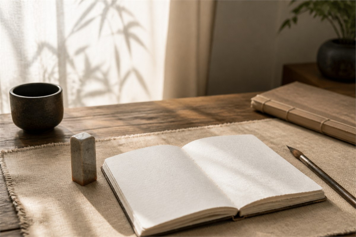 Stone study-name seal beside an open notebook at a sunlit window desk