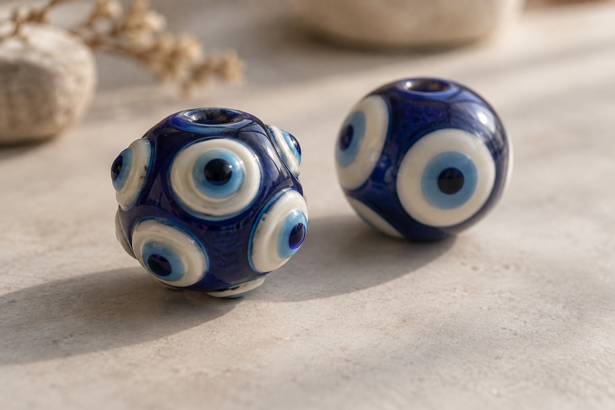 Two blue glass beads showing raised concentric eyes on the left and flush eye patterns on the right.