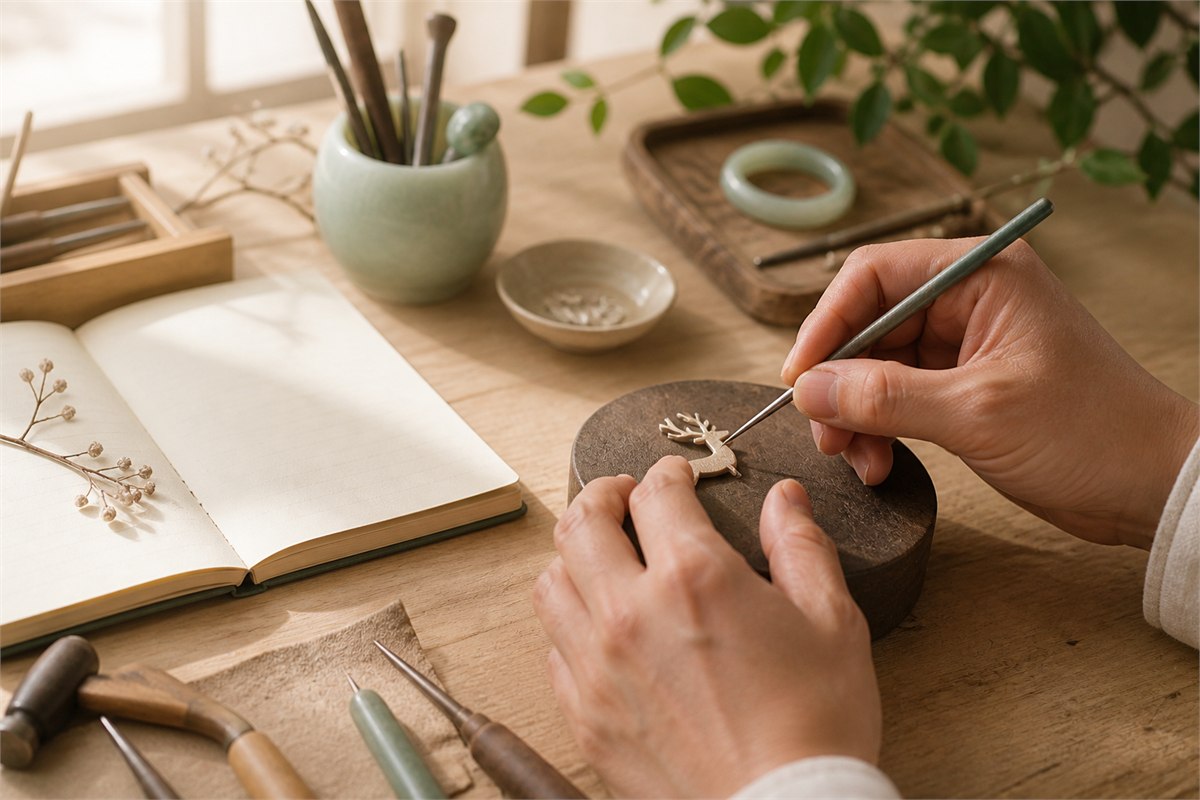 A craftsperson finishes a small deer charm at a bright workbench