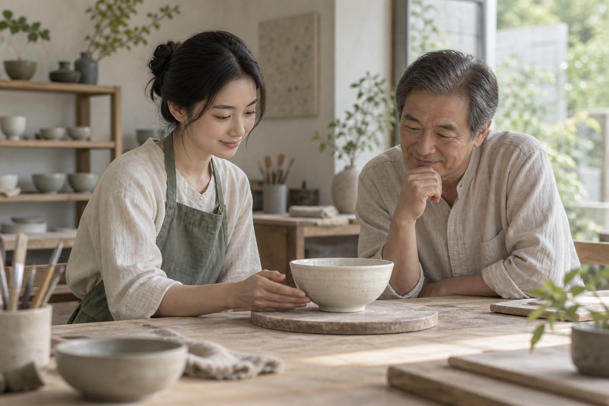 A young craftsperson and an older visitor look together at a small handmade ceramic bowl.