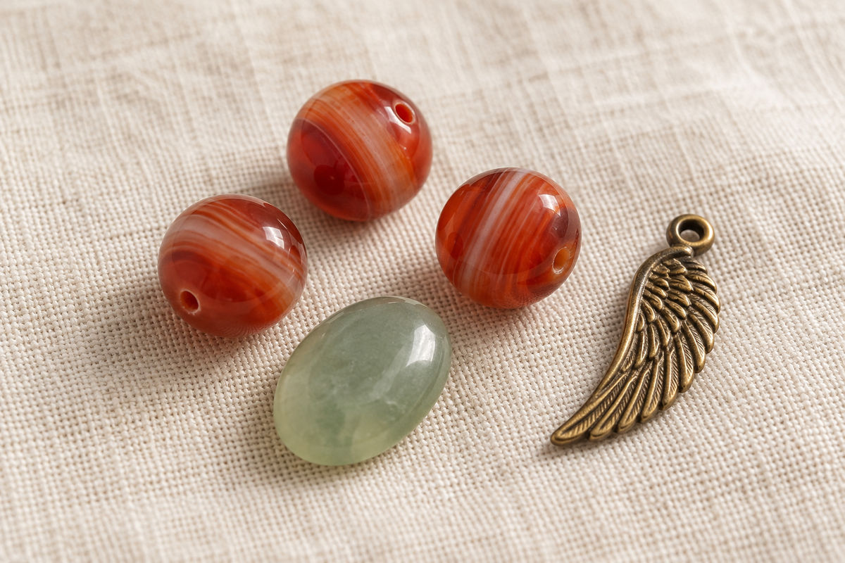 Red agate beads, a pale green stone cabochon, and a small metal wing lie on cream linen.