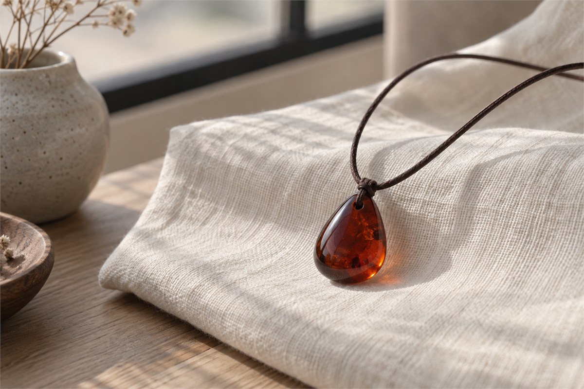 A reddish amber pendant on a simple brown cord beside folded ivory fabric.