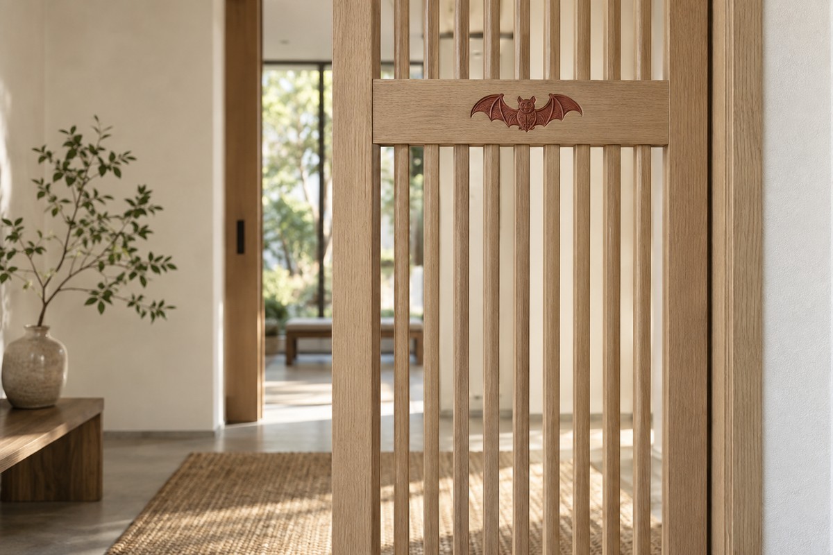 A small red bat relief accents a wooden screen in a calm entryway.