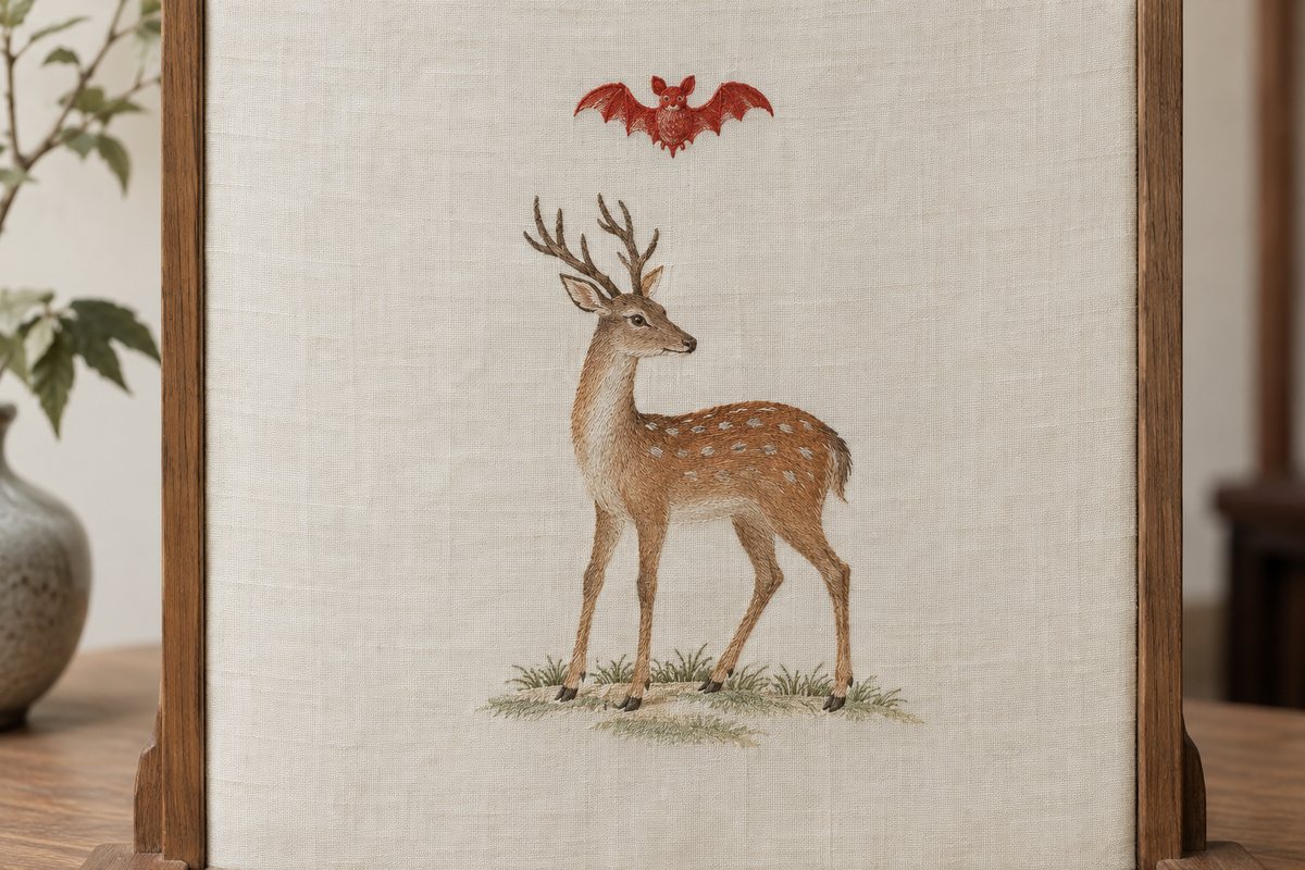 A red bat flies above a deer in an embroidered ivory panel.
