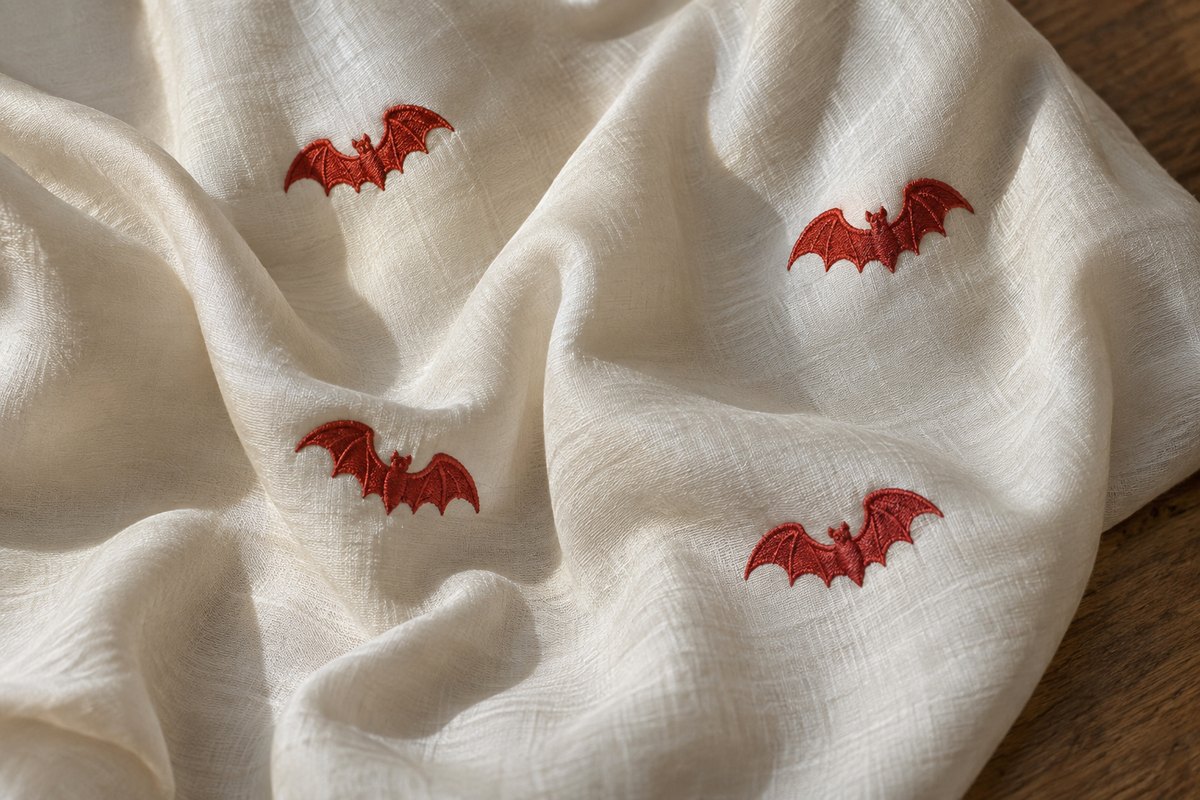 Small red bat motifs embroidered across softly folded ivory fabric.