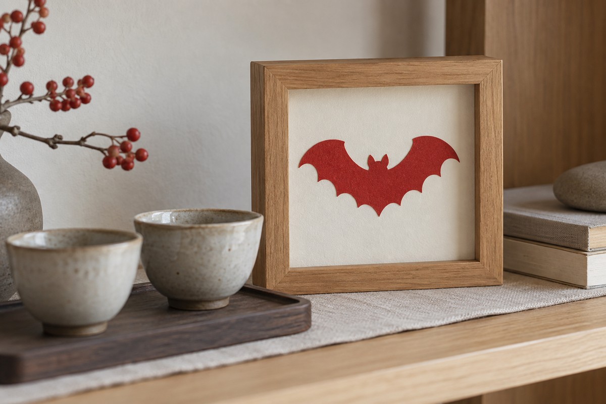 A small framed red bat paper ornament on a shelf beside a family tea setting.