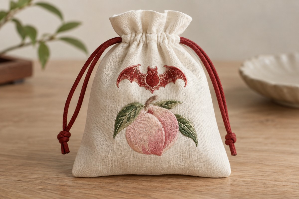 A red bat and a pink peach embroidered on a small ivory keepsake pouch.