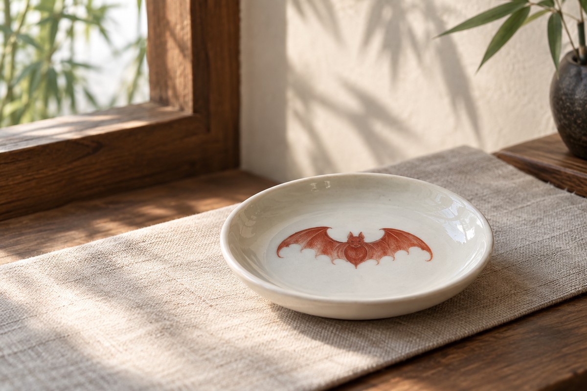 A red bat painted on an ivory porcelain dish beside a wooden window.