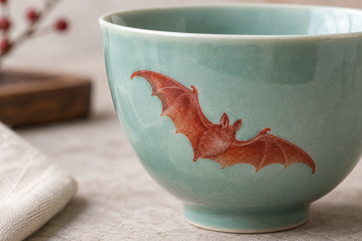 A red bat painted on the turquoise surface of a ceramic cup.
