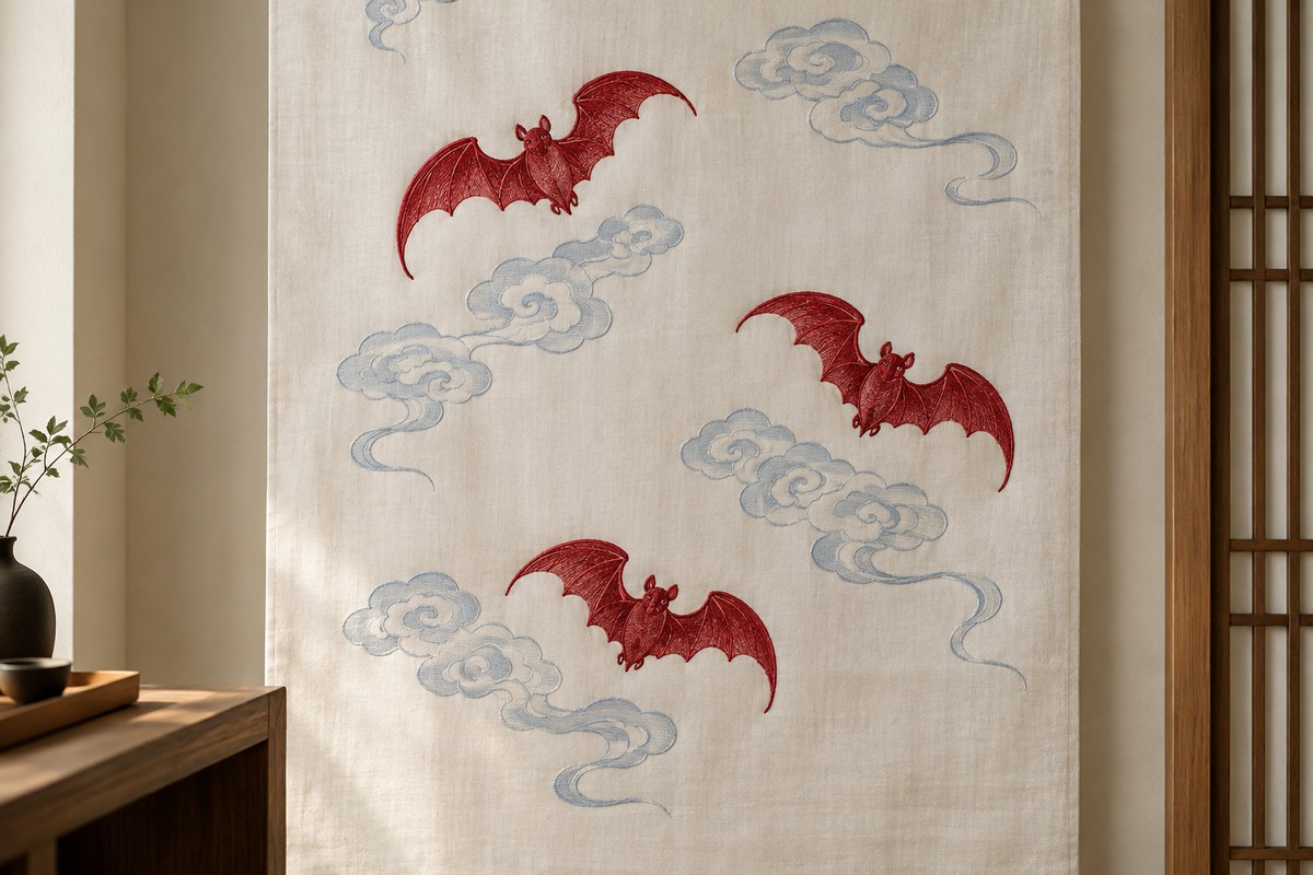 Three red bat motifs among pale blue cloud scrolls on an ivory textile hanging.