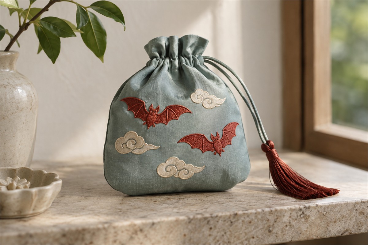 Two red bats and cream cloud curls embroidered on a celadon blue sachet.