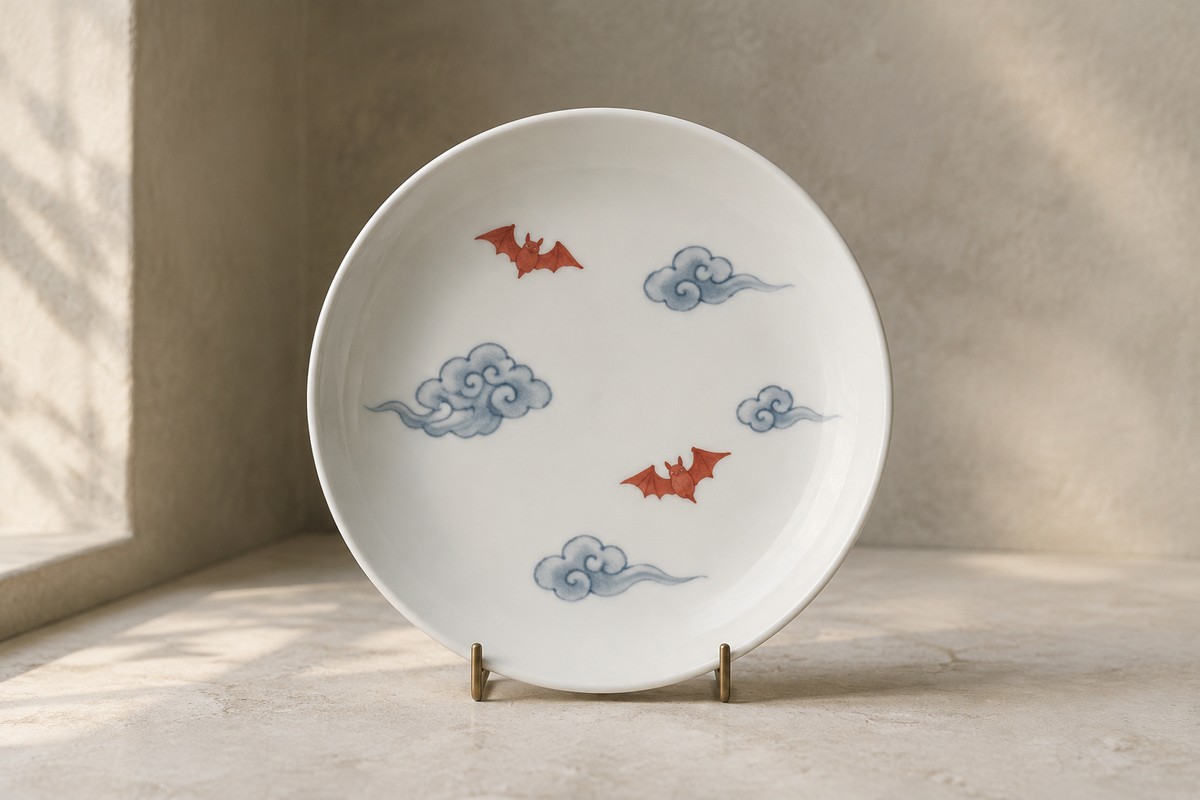Two muted red bats painted among blue-gray clouds on a white ceramic plate.