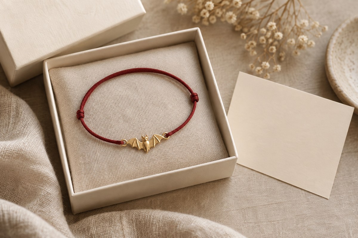 Gold-colored bat charm on a red cord bracelet in an ivory gift box beside a blank card