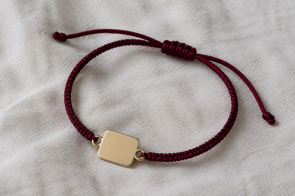 A muted red cord bracelet holds a small smooth gold-colored charm.