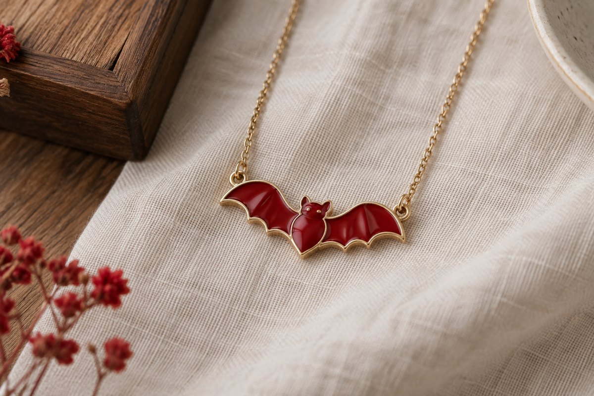 A small red enamel bat pendant with a matte gold outline on ivory linen.