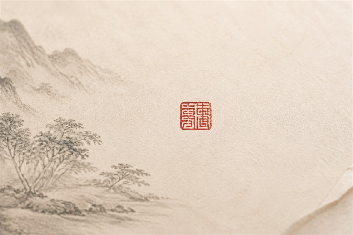 Single small red seal surrounded by quiet blank paper at the beginning of an ink composition