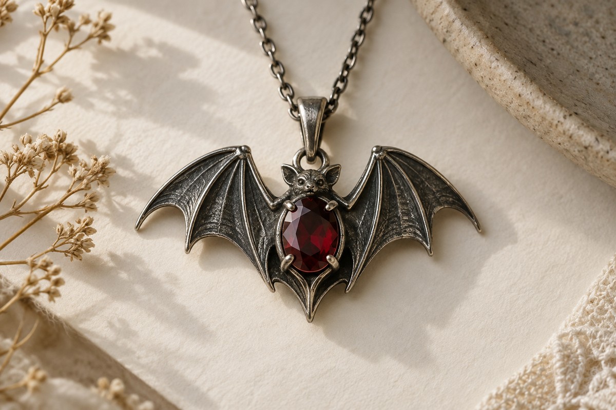 Dark metallic bat pendant with an oval faceted red center held by four prongs