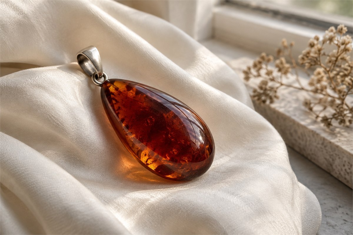 A reddish amber-colored drop with a silver bail rests on folded ivory silk.