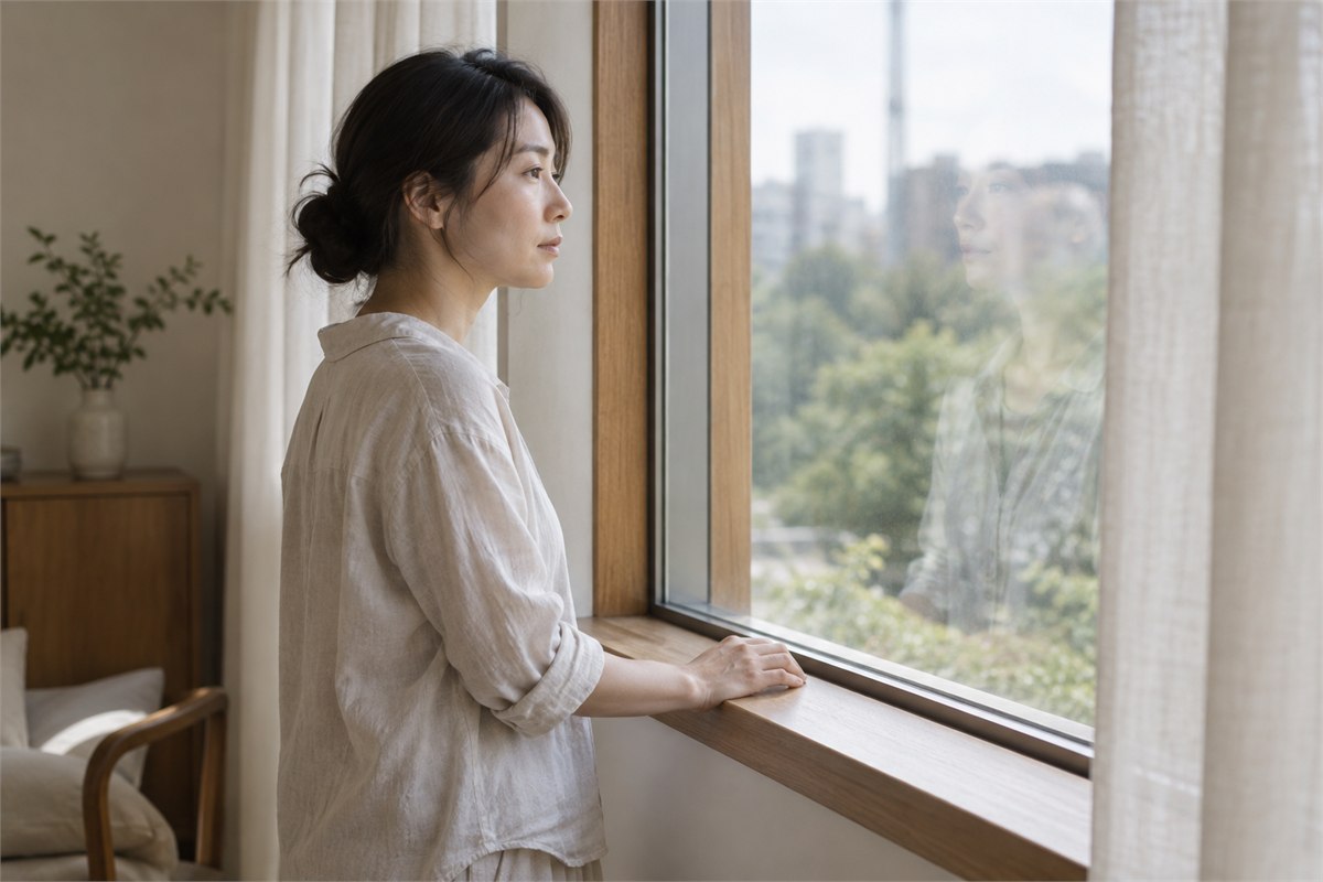 An adult beside a window looking at a soft reflection of their face.