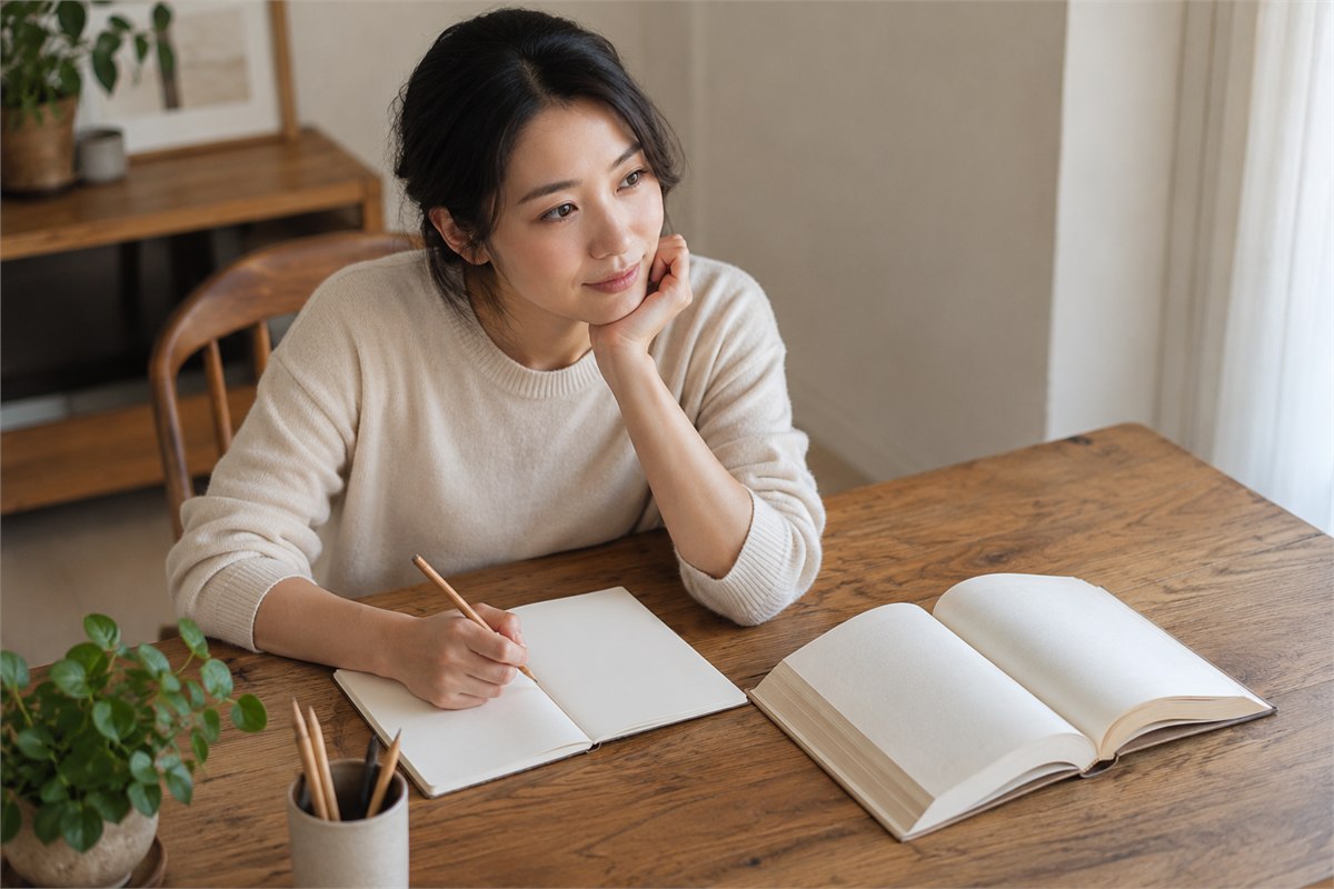 An adult pausing over a book and a blank notebook at a desk.