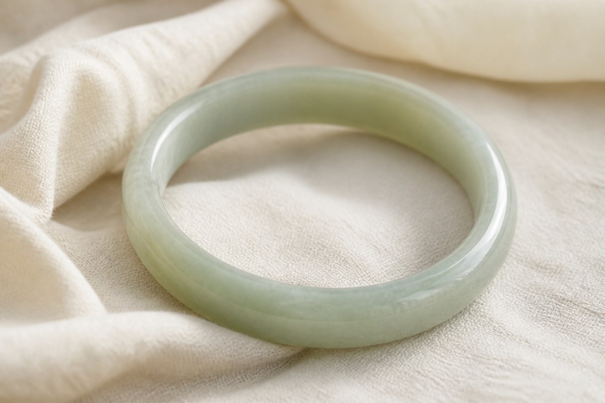 A pale green bangle with a softly polished surface on folded ivory linen.