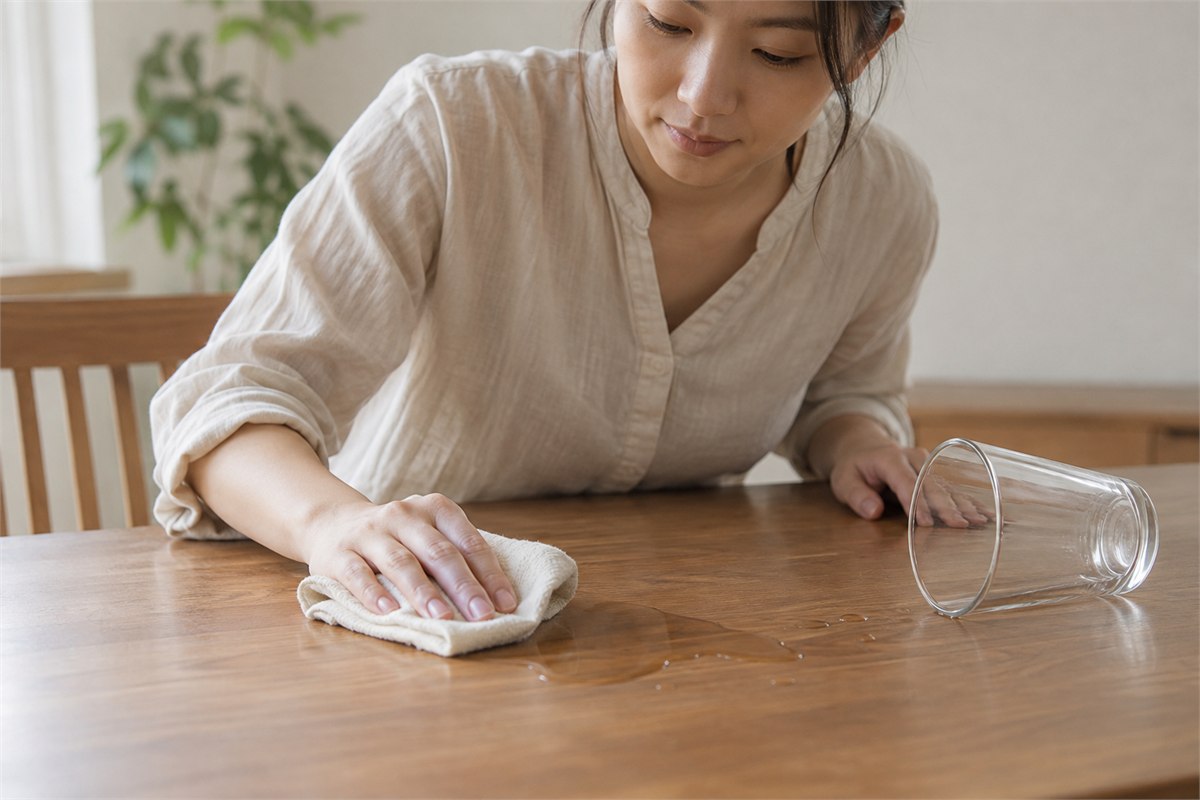 A hand wiping spilled water from a wooden desk beside an empty glass.