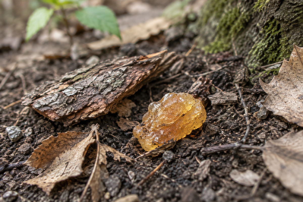 An irregular resin fragment beside bark and dry leaf fragments on shaded ground.