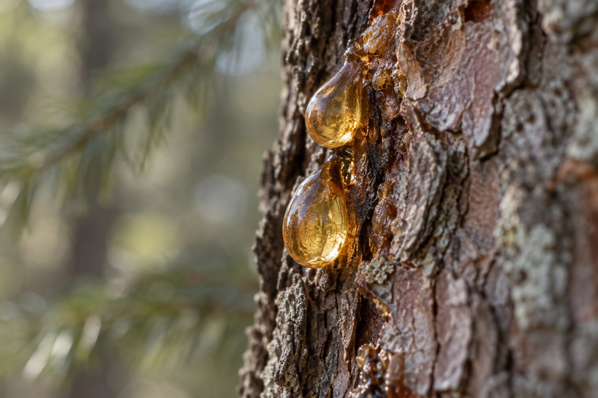 Golden resin drops cling to textured tree bark.