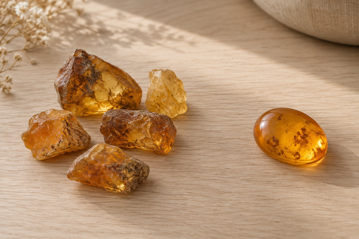 Small golden resin fragments placed apart from a smooth oval cabochon.