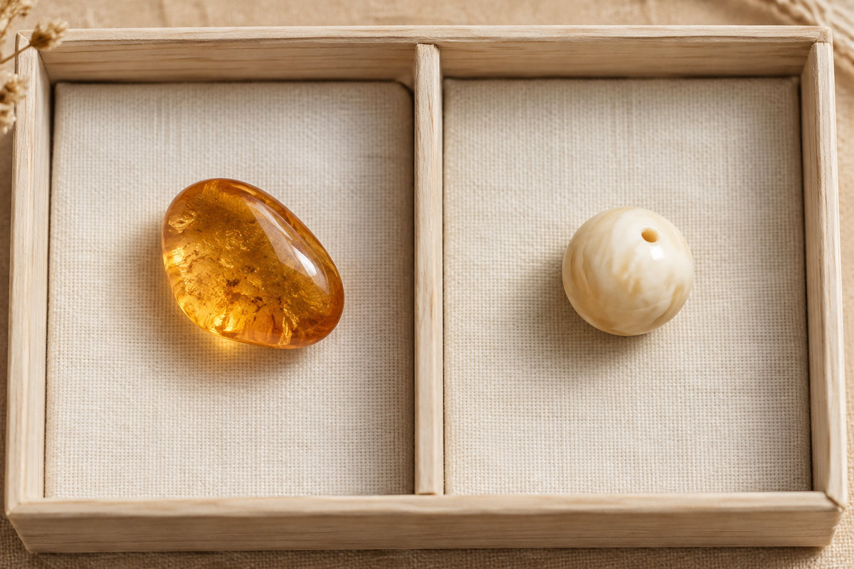 Amber-colored resin pieces resting apart in two fabric-lined compartments.